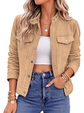 Women's Light Khaki Faux Suede Cropped Shacket Button Down Collared Fall Jacket